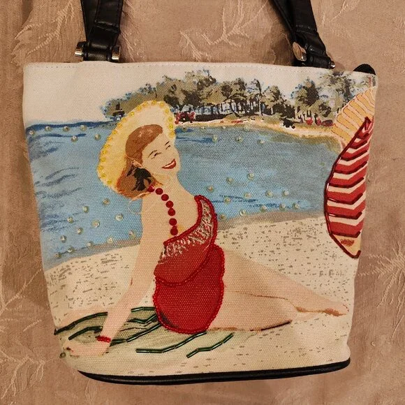 Vintage Beaded Woman on Beach Shoulder Bag, Excellent Used Condition! (EUC) - Picture 3 of 12